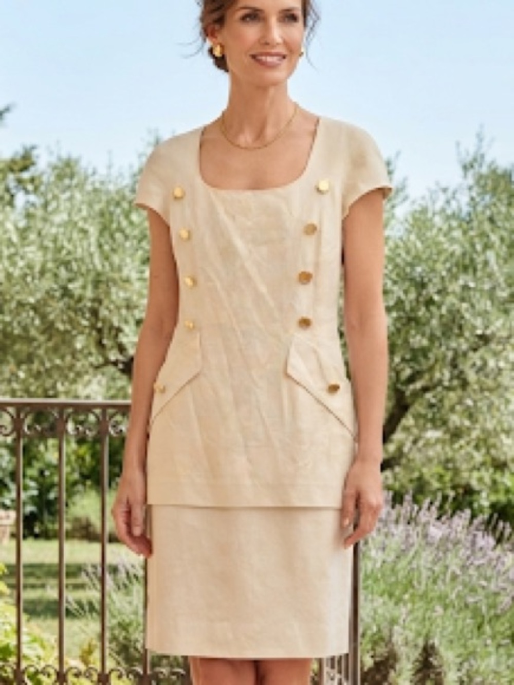 Nina Ricci Cream Short-Sleeve Buttoned Shift Linen Dress 48